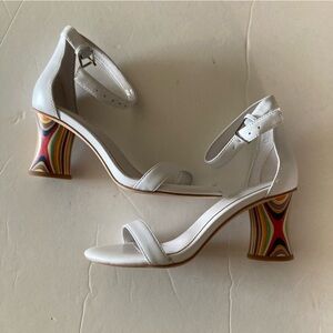 Jeffery Campbell Free People One Strap White Wooden Patterned Heels Sz 6.5